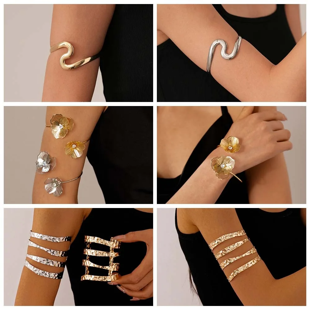 

Alloy Metal Arm Cuff Hollow Flower Geometry Wave Line Women Cuff Bangle Wrist Accessory Exaggerated Wide Open Arm Cuff Girls