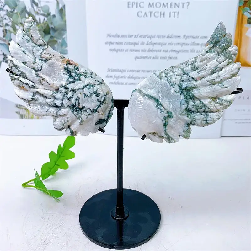 

Natural Moss Agate Angel Wings Crystal Carving Crafts Fengshui Home Decoration Healing Girl Birthday Present 1pair