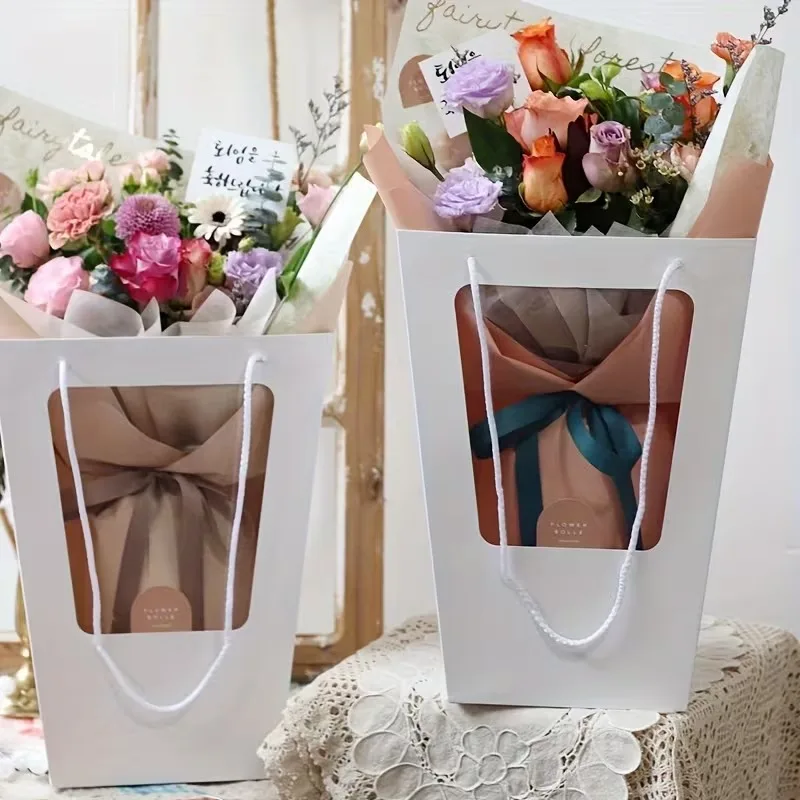 Trapezoid Window FlowerGift Bag Creative Handheld Bouquet Packaging for Mothers Day Birthday WeddingParty Favor Florist Supplies