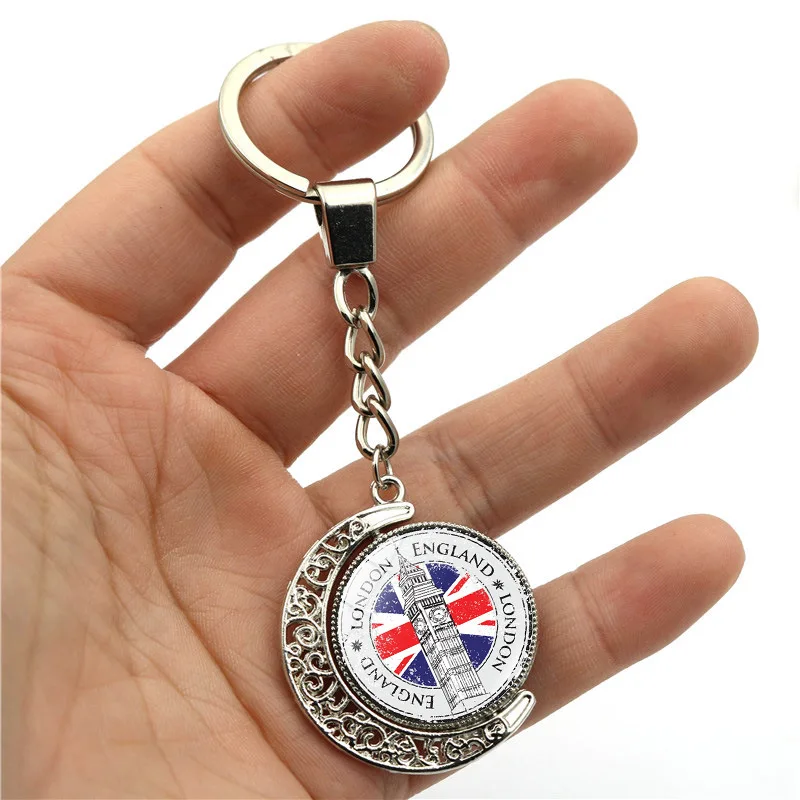 British Flag Key Chain Big Ben UK London Tower Bridge Rotundity Glass Pendant 360° Double Sided Bag Car Keyring Gifts