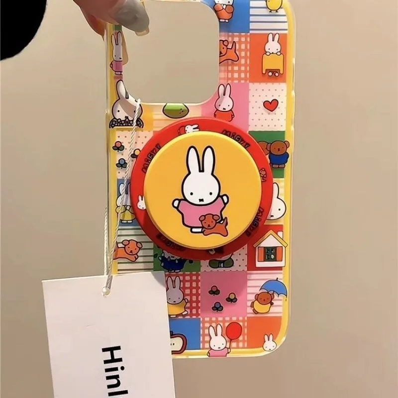 Новый противоударный чехол для iPhone 12 13 14 15 16 Pro с магнитной подставкой, в клетку, с изображением Миффи, милый мультяшный дизайн