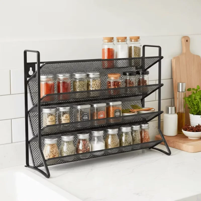 4 Tier Cupboard Storage Shelf Carbon Steel Spice Seasoning Jar Organizer Wall Mount Kitchen Spice Rack Non-Slip Pantry Organizer