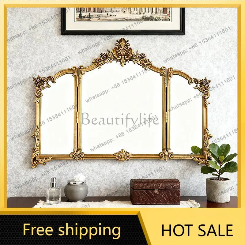 LS French retro carved European bathroom three-sided mirror bedroom desktop folding vanity mirror