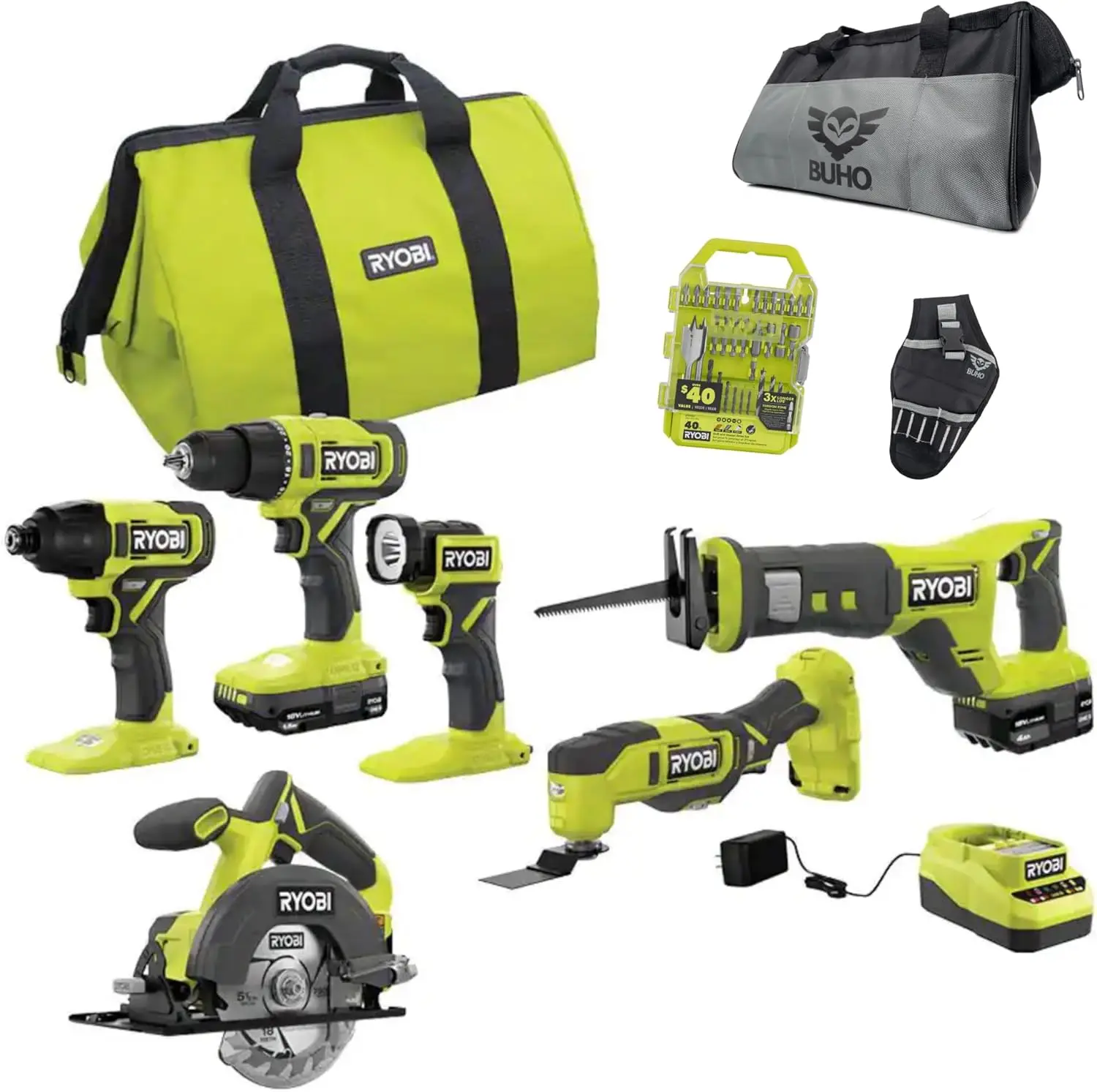 6 Power Tools Combo Kit Bundle with Buho Tool Bag, and Holster, 6 Ryobi Tools, 2 Batteries, Charger, and 40 Piece Drill Bit Set