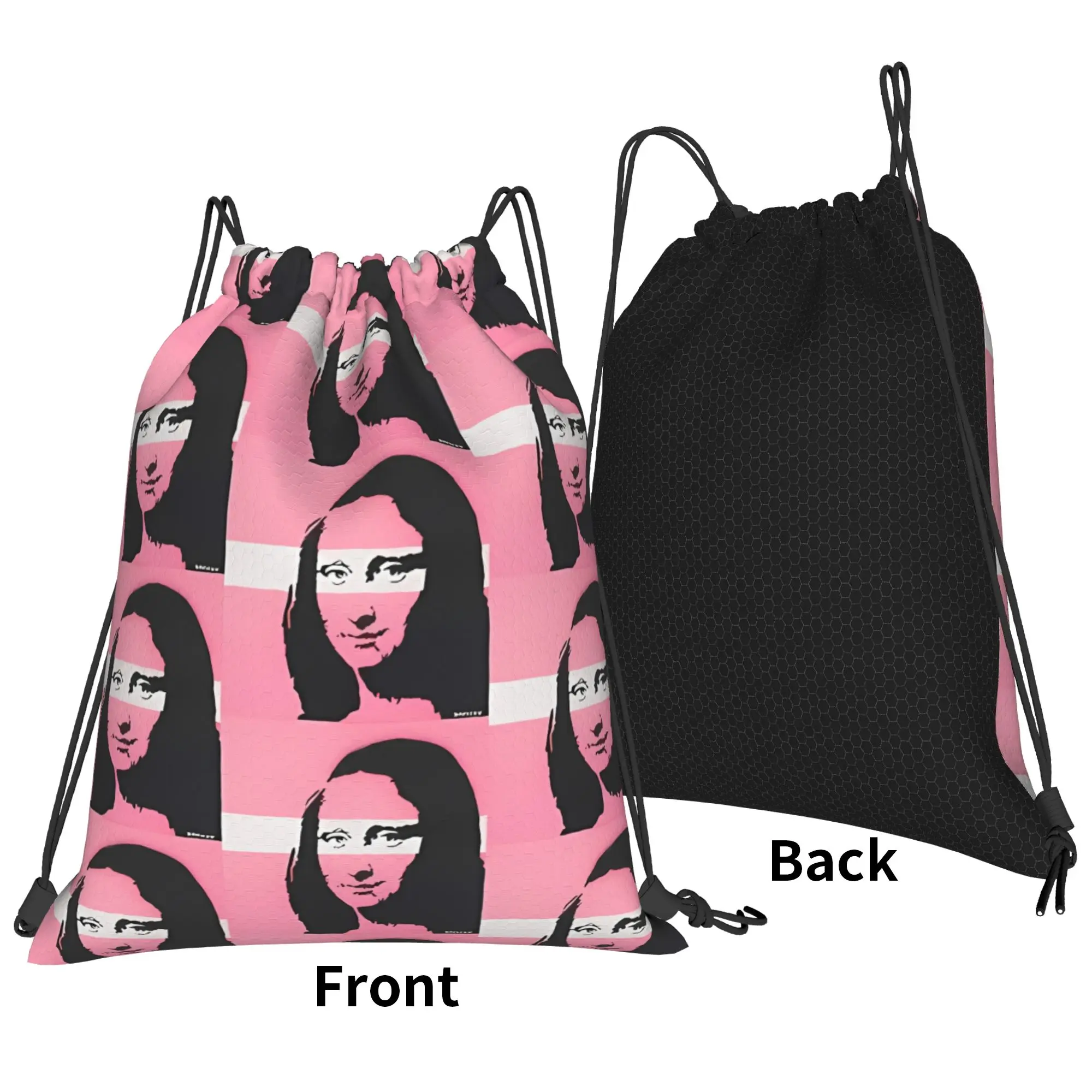 Y2K Banksy Mona Lisa Pink Graffiti Portable Hiking Riding Gym Drawstring cool gift Storage Backpacks
