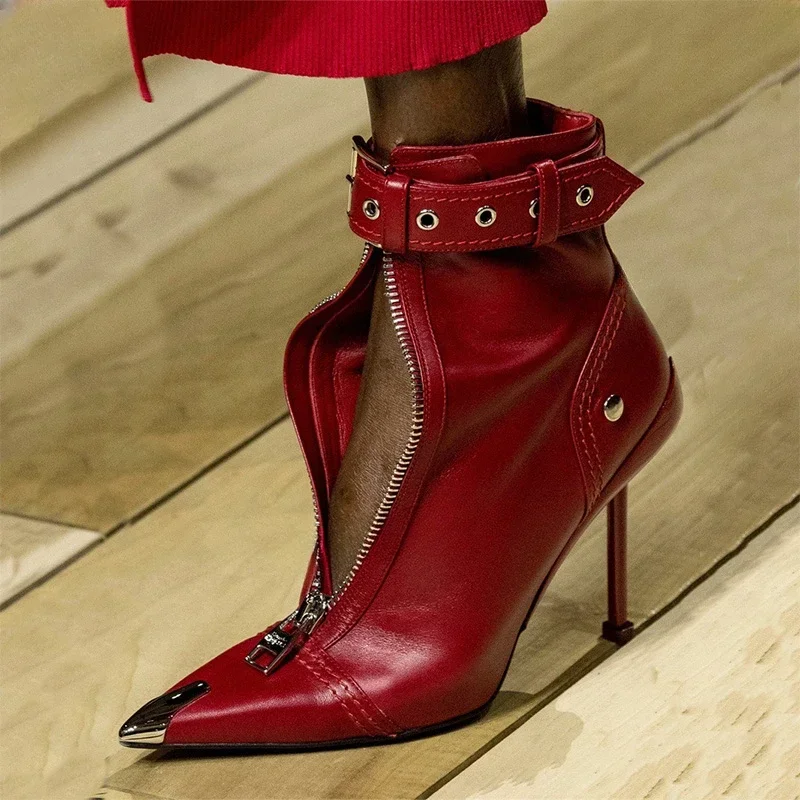 Belt Buckle Front Zipper Fashion Show Short Boots Women\'s Autumn Winter New Pointed Metal Decoration Red High Heels Ankle Boots