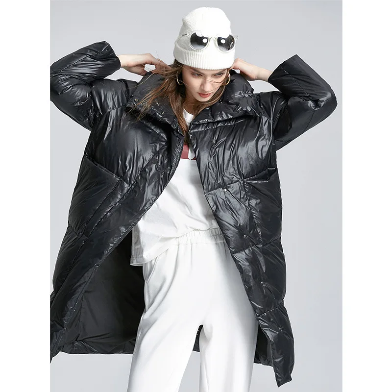 Women's Long Down Jacket Loose Fashion Black Glossy Button 90% White Duck Down Europe Style Warmed Female Outware Coat