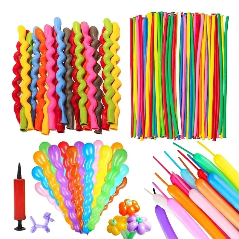 100pcs Balloon Long Strip Spiral Style Color Latex Gathering Party Birthday Wedding Decoration Balloon Design with Inflator