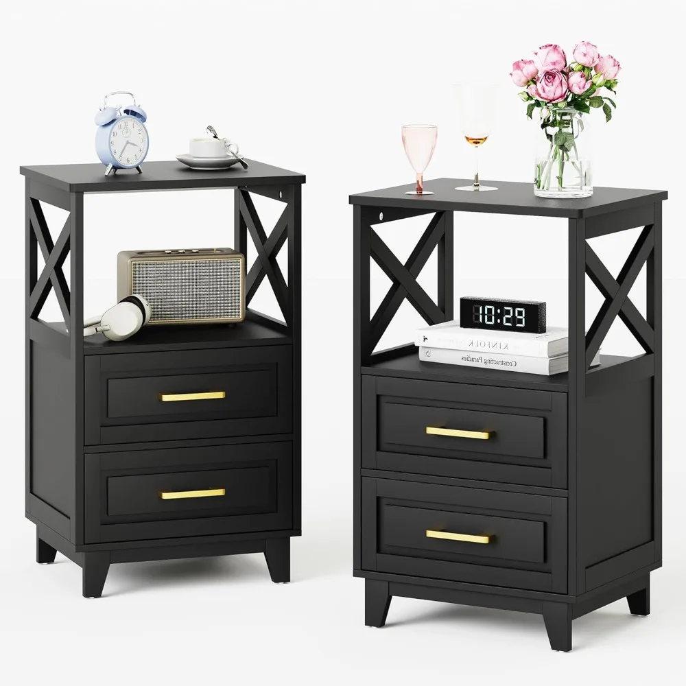 

Nightstands, Set of 2 or 1 Tall Side Table 2 Drawers, Bedside Table Solid Feet, Modern Night Stand End Table for Bedroom Home