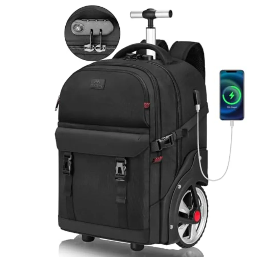 

Rolling Backpack for Men with Wheels 17 Inch Large Wheeled Backpack with USB Charging Port and Combination Lock Water Resistant