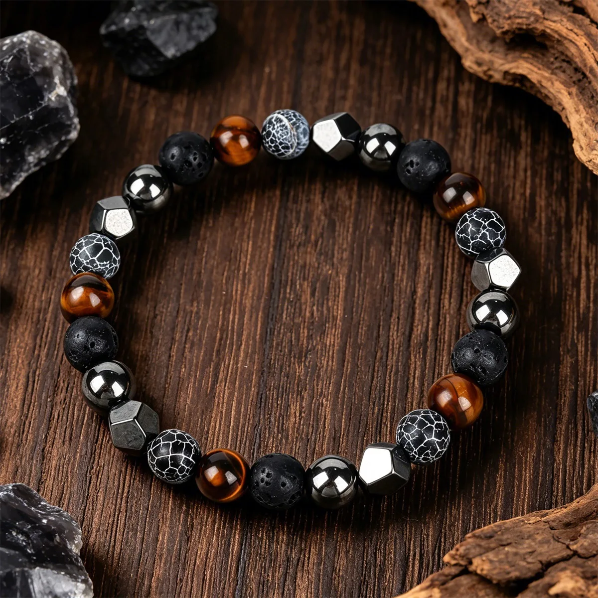 Unisex Tigerauge Lavastein Gesprenkelte Achat-Hämatit Stretch-Armband Reichtum Glücksbringer Energie-Schmuck Tägliches Urlaubsgeschenk – Detail 3