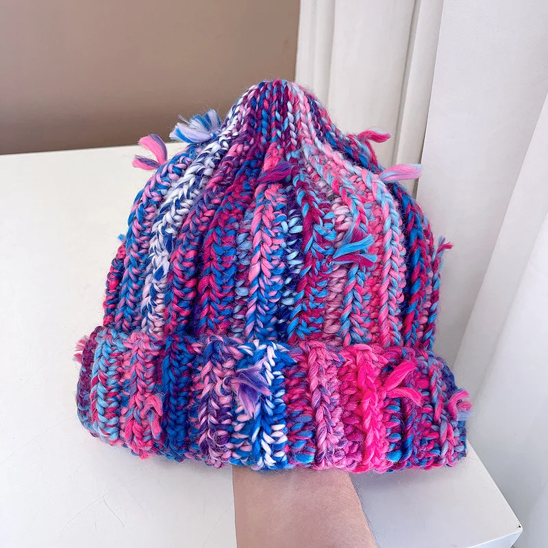 2027-niche-colored-fringed-wool-beanie-hat-women's-autumn-winter-japanese-warm-ear-protection-contrasting-knitted-pacifier-hat