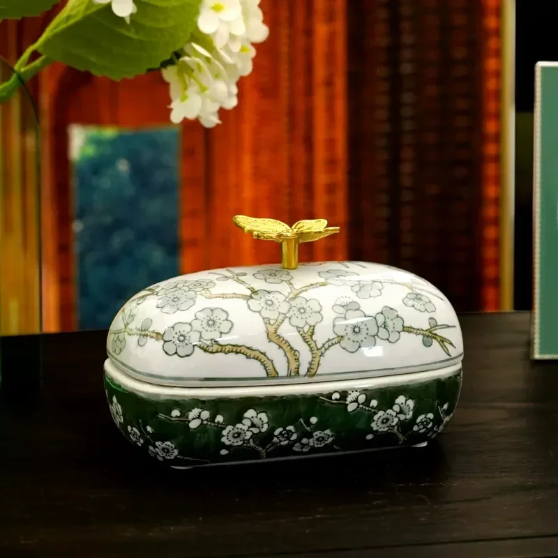 Hand Painted High Temperature Ceramic Jewelry Box with Copper Butterfly Lid Luxury Storage Container New Chinese Style