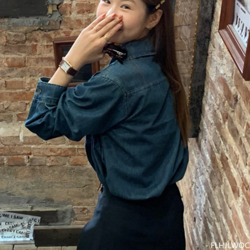 Cotton Denim Shirt Design Temperament Women Blouses Office Lady Blue Jeans Cross Criss Bow Tie Tops Retro Vintage Button Shirts