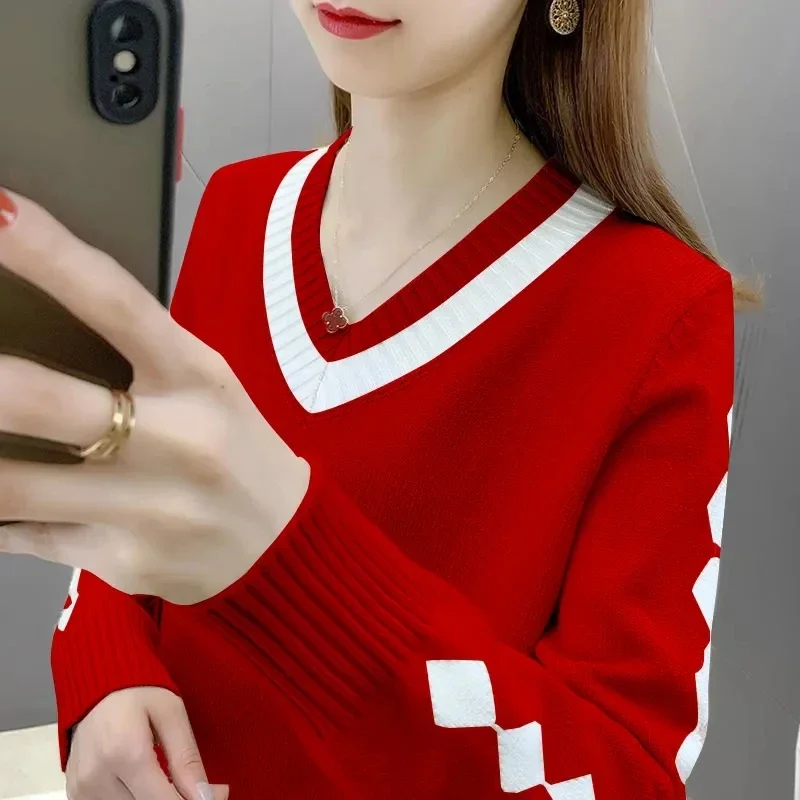 

New Sweater Autumn Winter V-neck Knitwear Long Sleeve Color Block Sweater Pullovers Lady Cheap Quality Jumper Knitted Tops B09