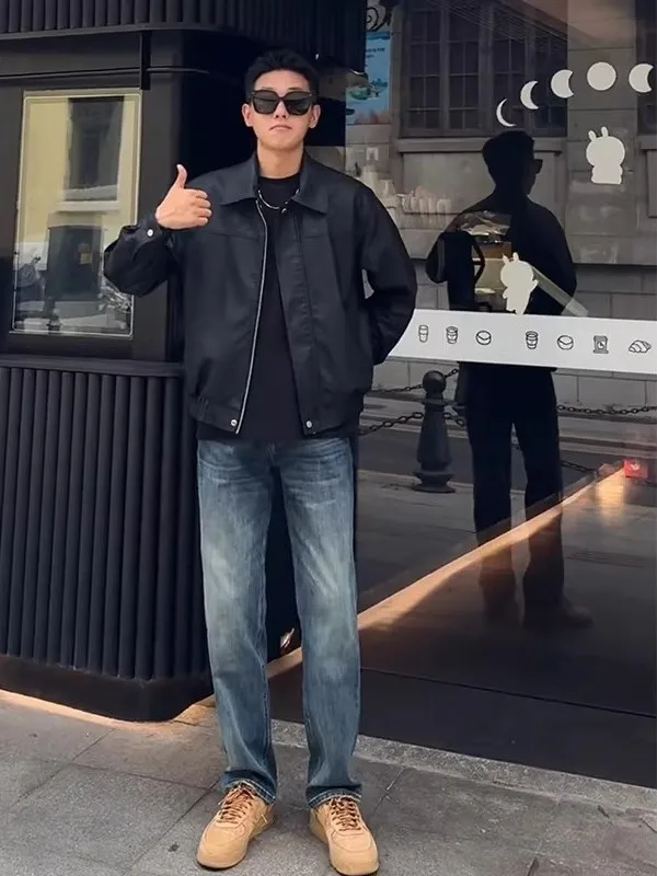 

Deep Blue American Style Men's Jeans Straight Leg Spring Autumn Boots Matching Loose Fit Long Pants Casual Denim