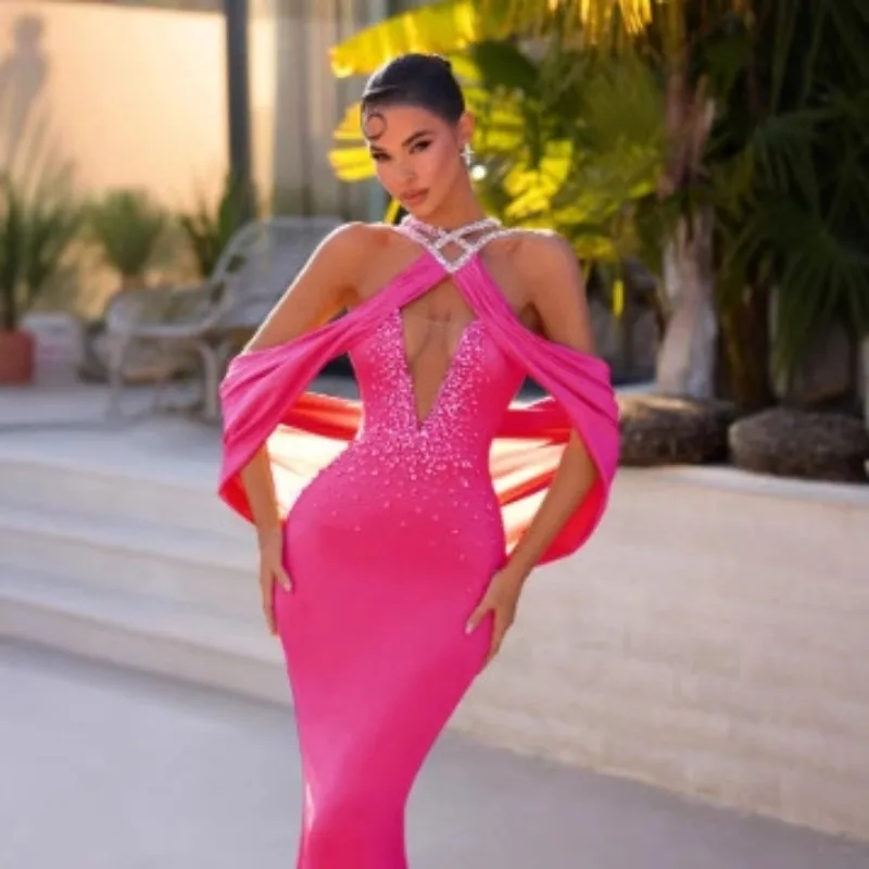 

Sexy Off-shoulder V-neck Bandage Celebrity Party Dresses for Women 2025 Summer New Fashion Luxury Hot Drilling Evening Dress