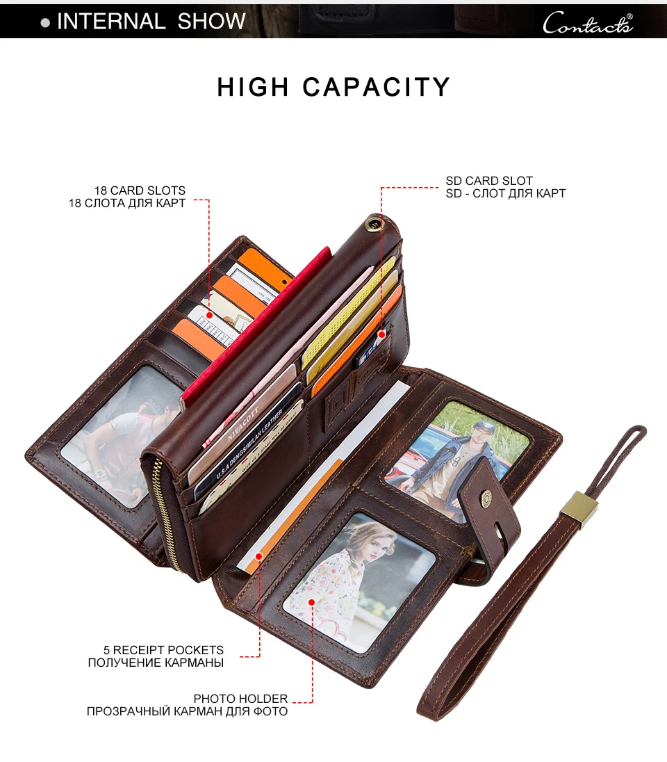 CONTACT'S Clutch-Taschen aus echtem Leder für Herren, lange Vintage-Handtaschen mit Reißverschluss, Kartenhalter, Münzgeldbörsen, Geldklammer, Herren-Geldbörsen – Detail 8