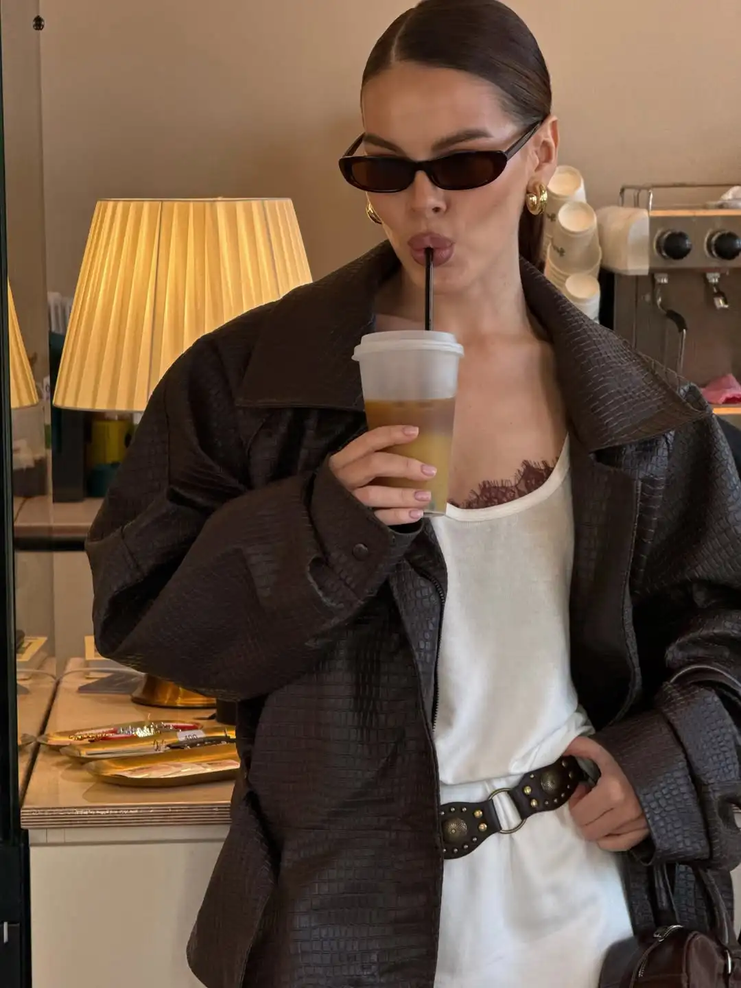 Solid Faux Leather Jacket Women Lapel Asymmetric Zipper Belted Waist Oversized Long Sleeve Coats Vintage Moto Biker Coat 2026
