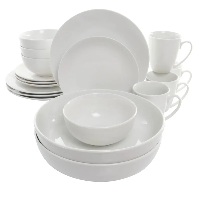 

18 Piece Porcelain Dinnerware Set with 2 Large Serving Bowls in White