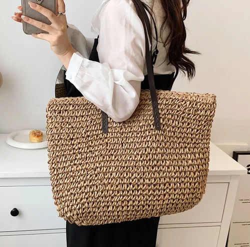 Imagen 2 del producto Bolso de mano para mujer, bolso de playa de verano, tejido de mimbre hecho a mano, paja tejida, bolsos de gran capacidad, bolso de hombro de cuero para mujer, bohemio nuevo