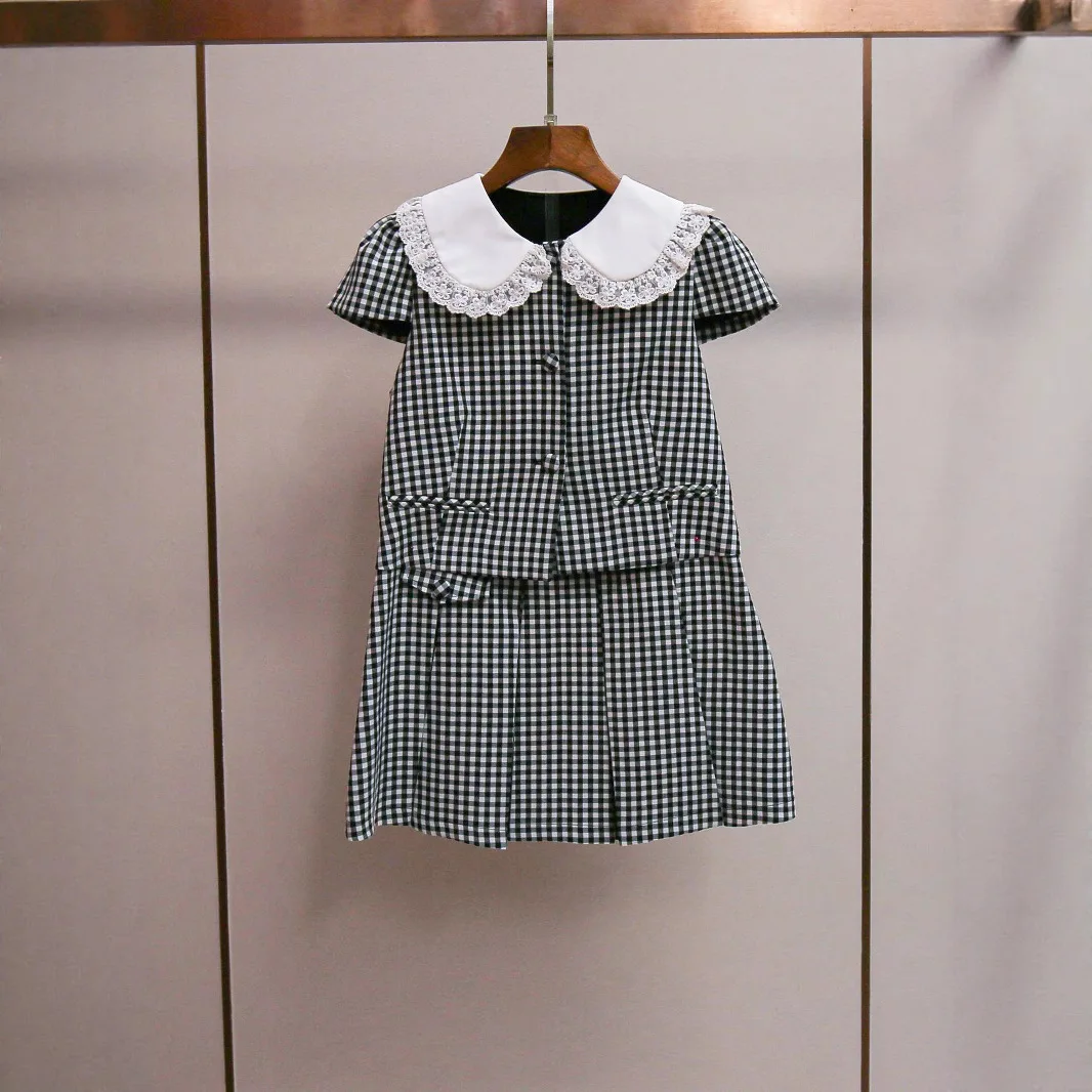 

High-End Summer New Style Age-Defying Lace Trimmed Doll Collar Top Half Skirt Plaid Set Women's Casual Sportswear Ensemble