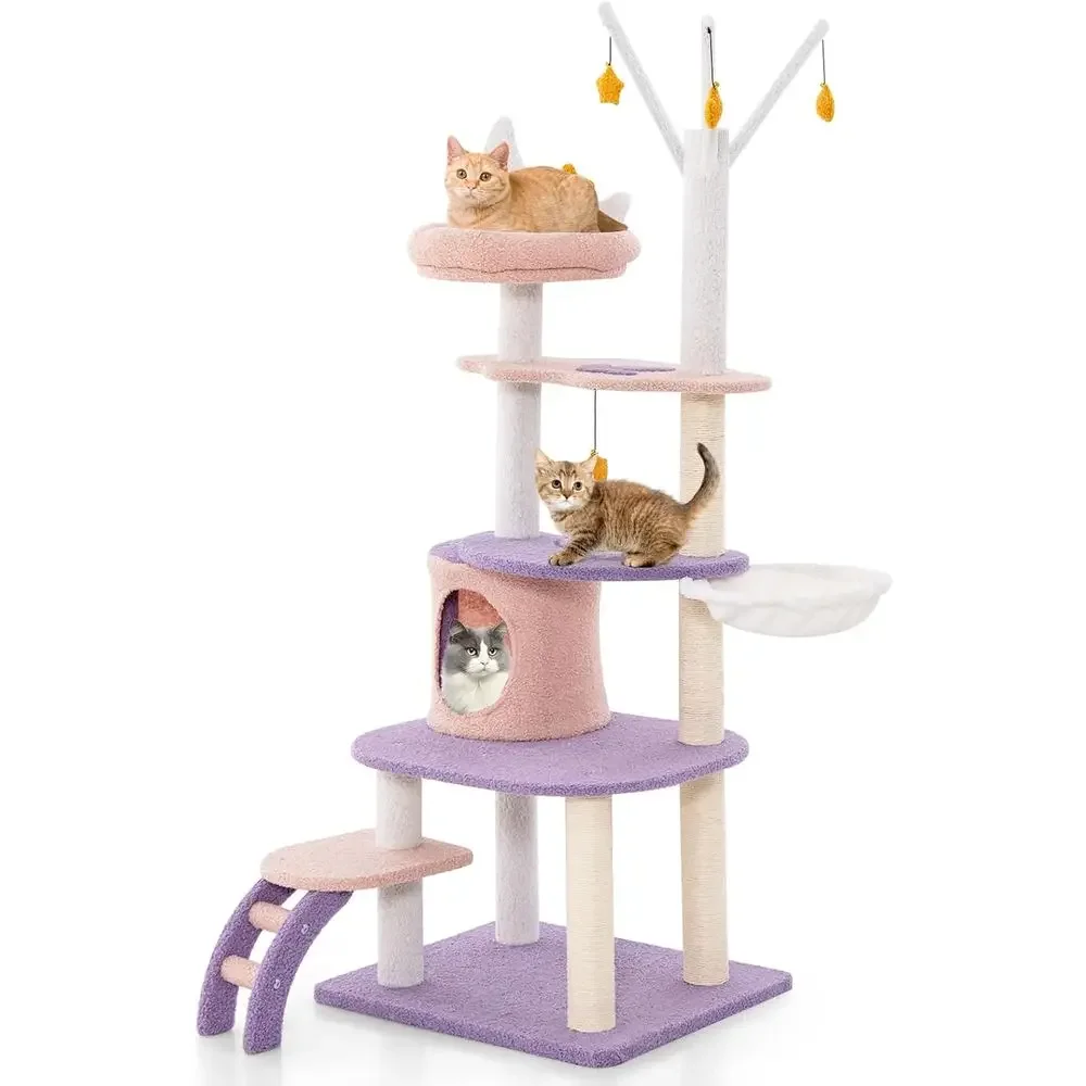 62-Inch Multi-Level Cat Tower with Condo, Scratching Posts, Ladder, Plush Perch, Hammock, Cloud Platforms, and Dangling Star Toy