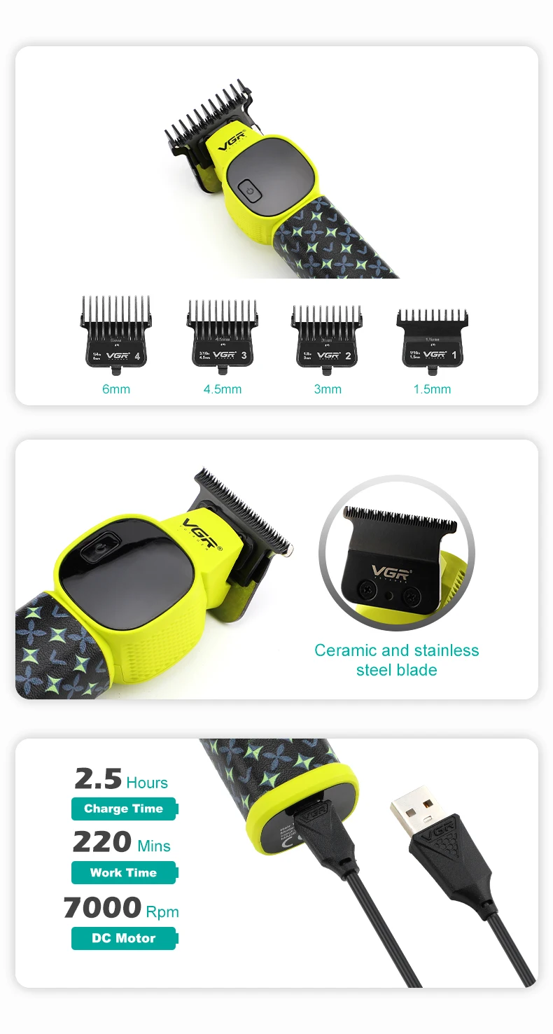 VGR New Hair Clipper LED Intelligent Digital USB Hair Trimmer Ceramic Stainless Steel Blade Professional Electric Push V-185