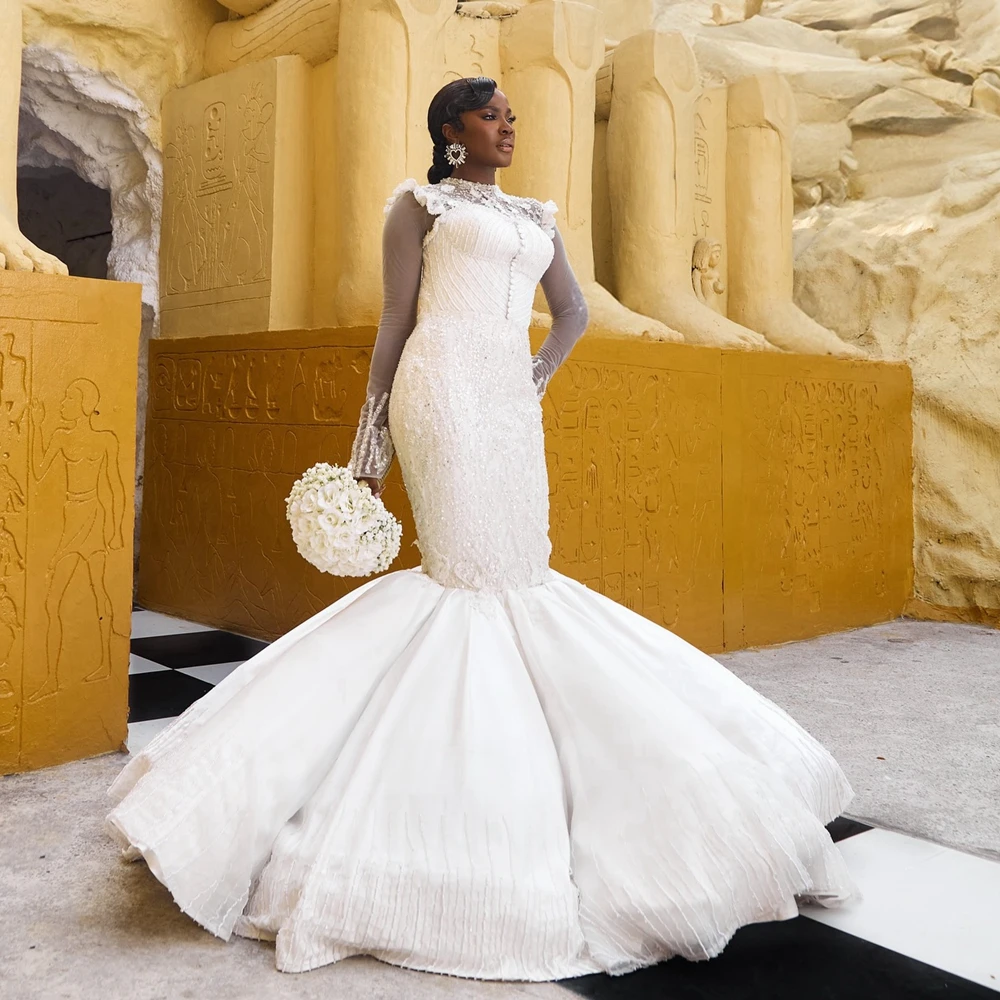 

Роскошное кружевное свадебное платье с блестками и высоким воротом, сверкающие бусины, цветы, оборки, атласное свадебное платье, винтажное вечернее платье с кристаллами