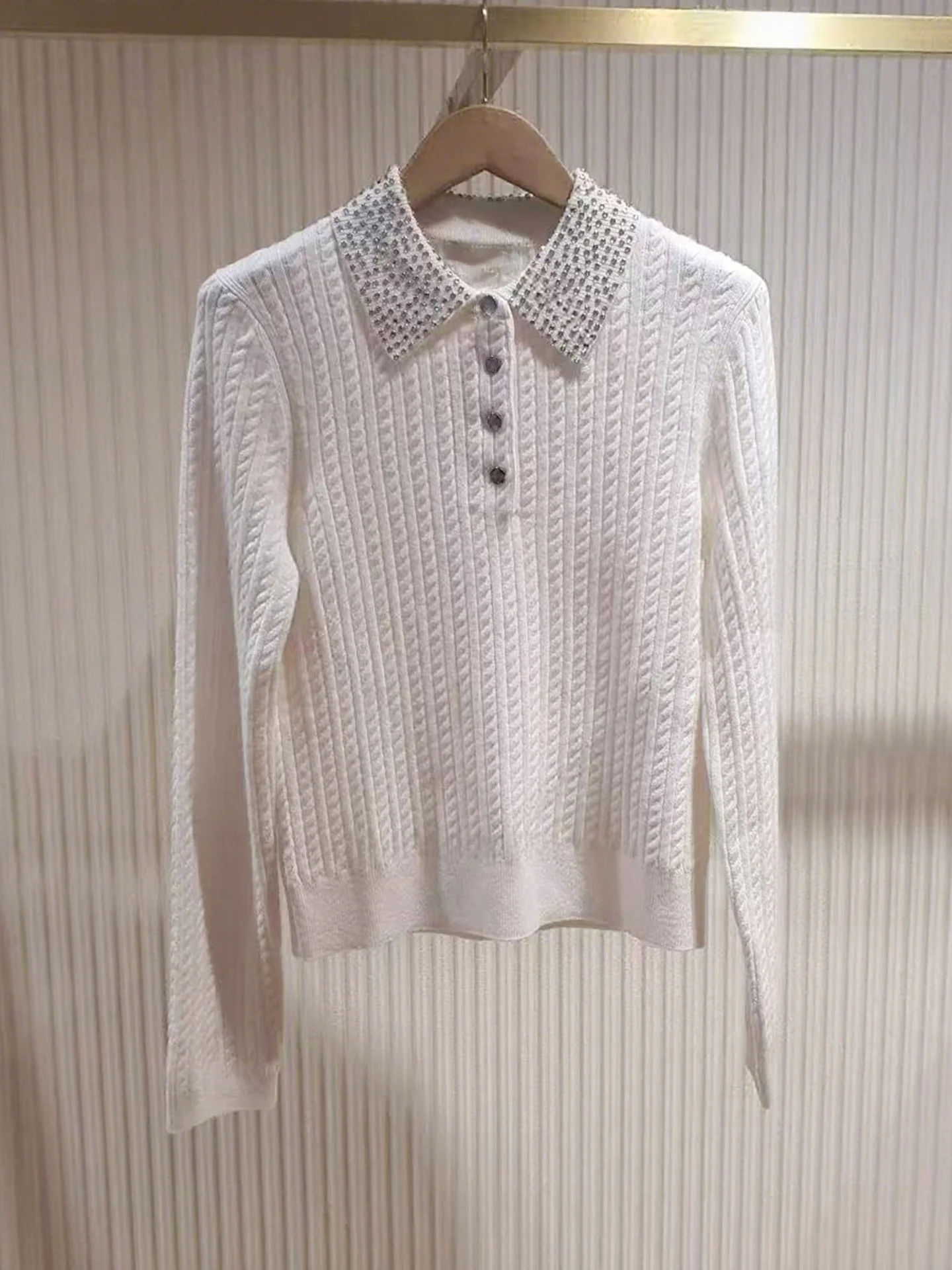 

M Home Nan You High End Women's Knitted irt Diamond Embellied Turn-down Collar Heavy Work Sle Commute Simple Design