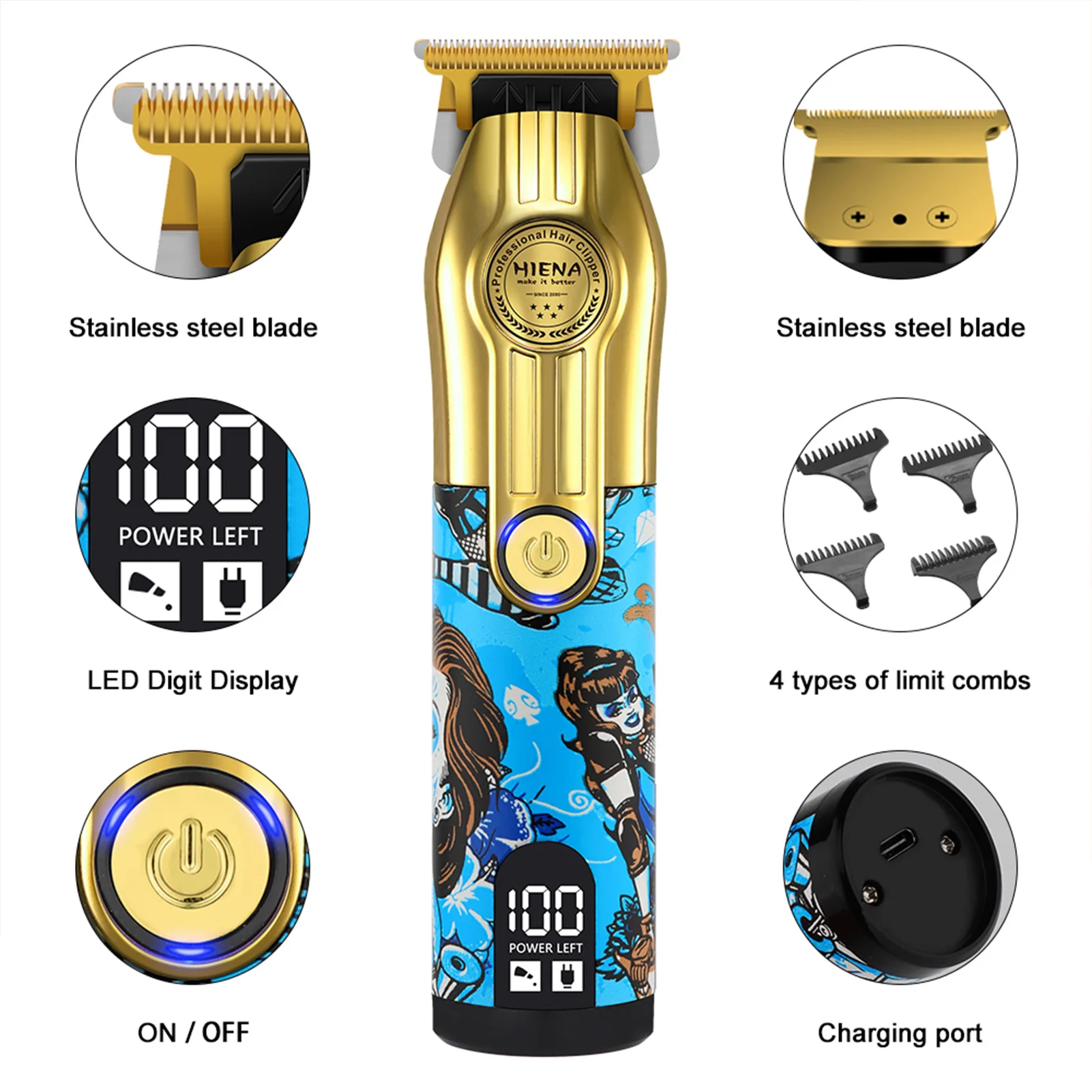 HIENA مقص الشعر مجموعة عالية الطاقة شاشة الكريستال السائل الكهربائية الشعر المتقلب للرجال العصرية الكتابة على الجدران تصميم اللاسلكي الشعر اللحية ماكينة حلاقة
