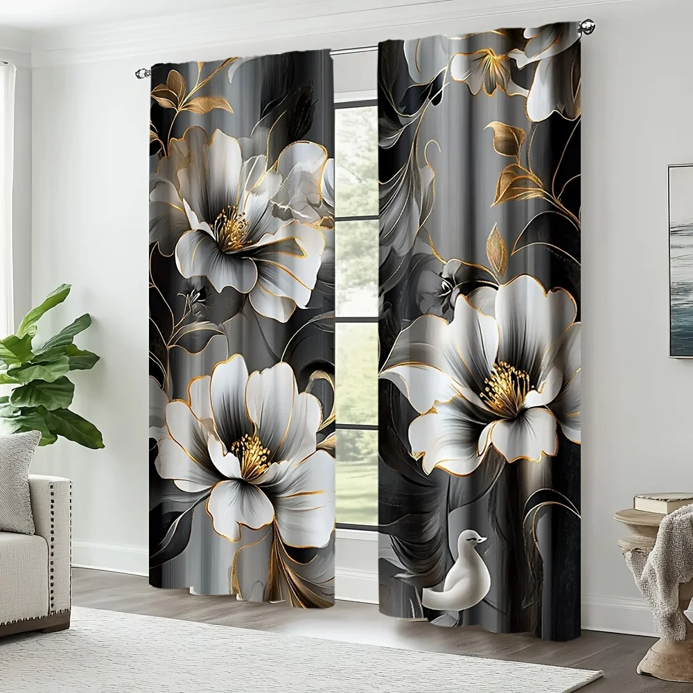 

2pcs Elegant Floral Print Curtains – Rod Pocket Design, Perfect for Living Room, Bedroom, Office, Kitchen, and Home Decor