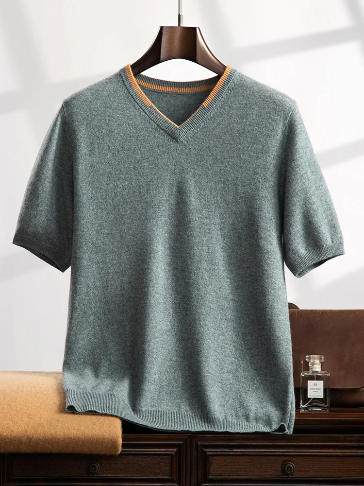 

High Quality 100% Goat Cashmere Men Short Sleeve Pullover V-Neck Sweaters Spring Summer Fashion Large Size Knitwear Men T-shirt