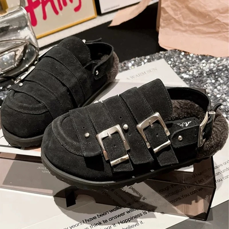 

Женские хлопковые тапочки на плоской подошве, теплые дизайнерские сабо на меху, модные зимние ботинки с открытой пяткой, новинка 2025 года, короткие плюшевые зимние ботинки Botas Mujer