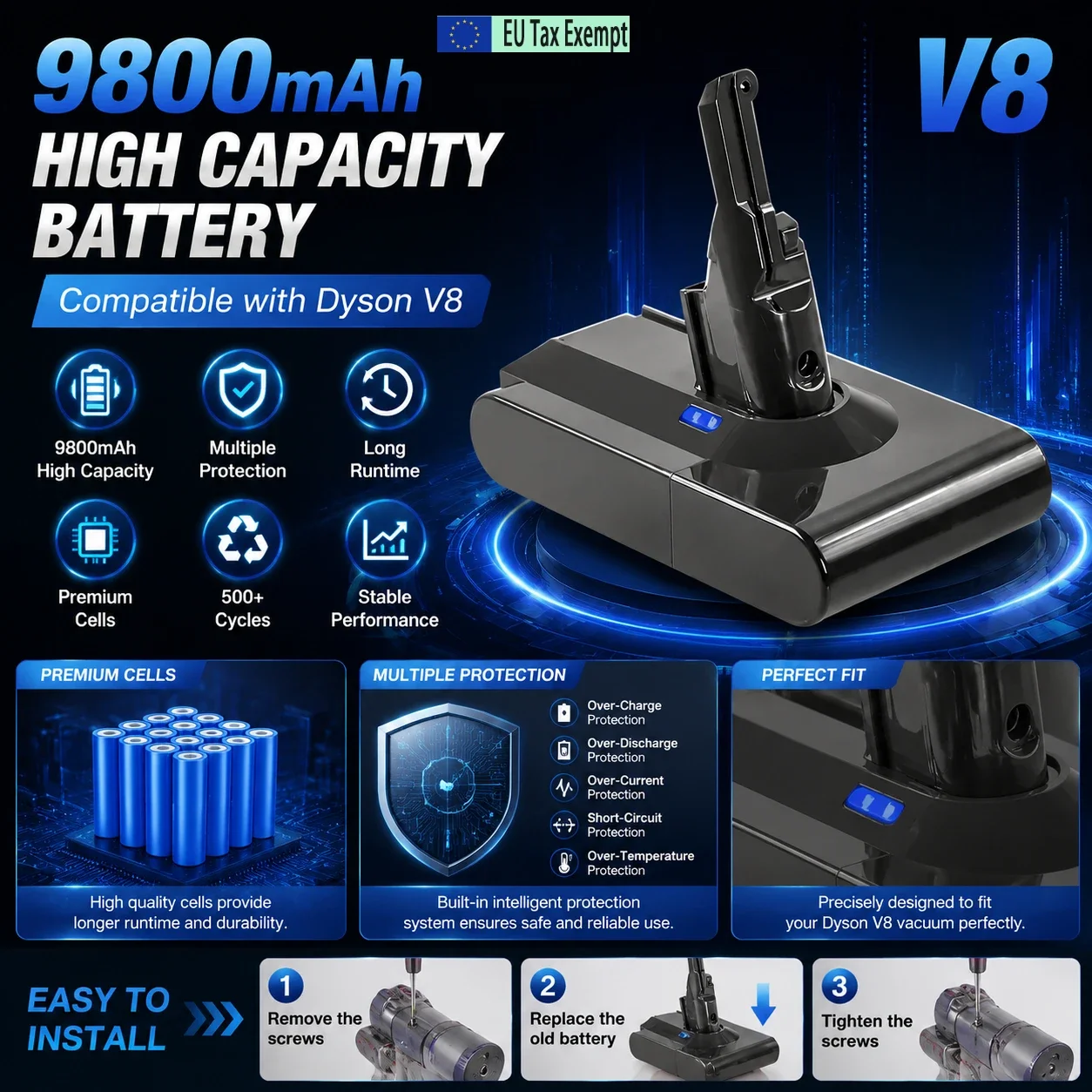 Batterie de remplacement pour aspirateur 21,6 V 9800 mAh, pack de batteries au lithium 18650 pour aspirateur Dyson V8 Absolute Fluffy Animal