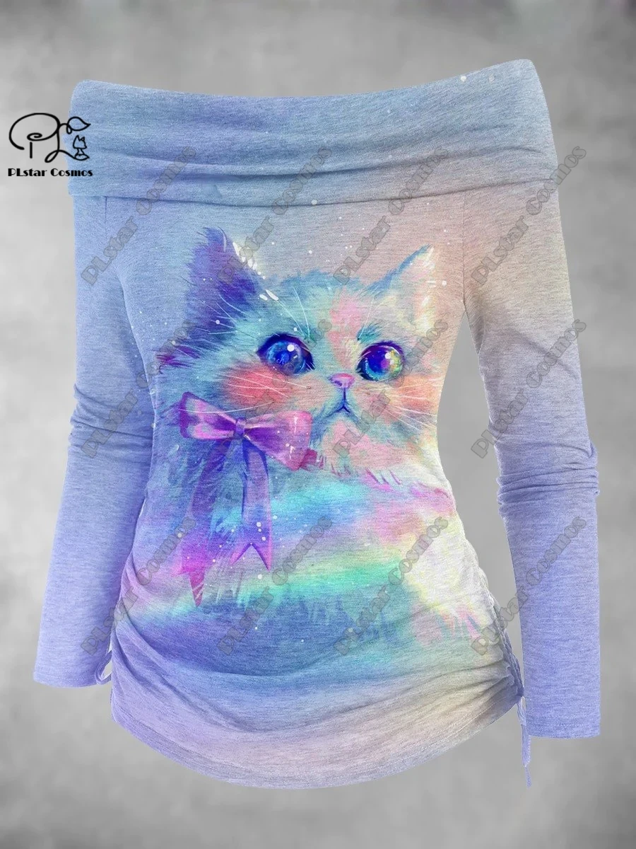 PLstar Cosmos 3D impreso serie animal lindo patrón arte estampado fuera del hombro plisado camiseta ajustada mujer casual top D-2