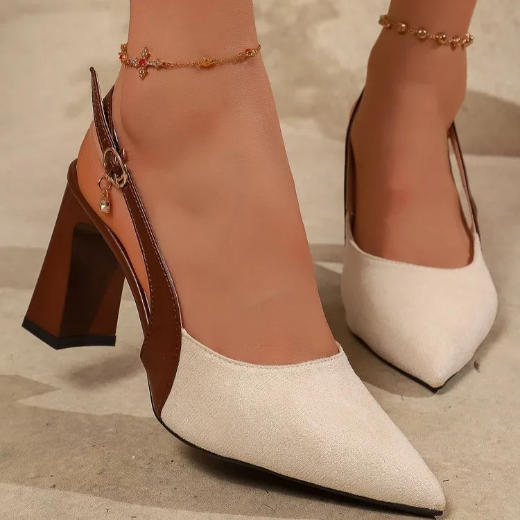 Large Size High Heels Spring 2026 New Simple Fashion Pointed Toe Thick Heel Open Toe Sandals Women's Cross-Border Velvet Surface