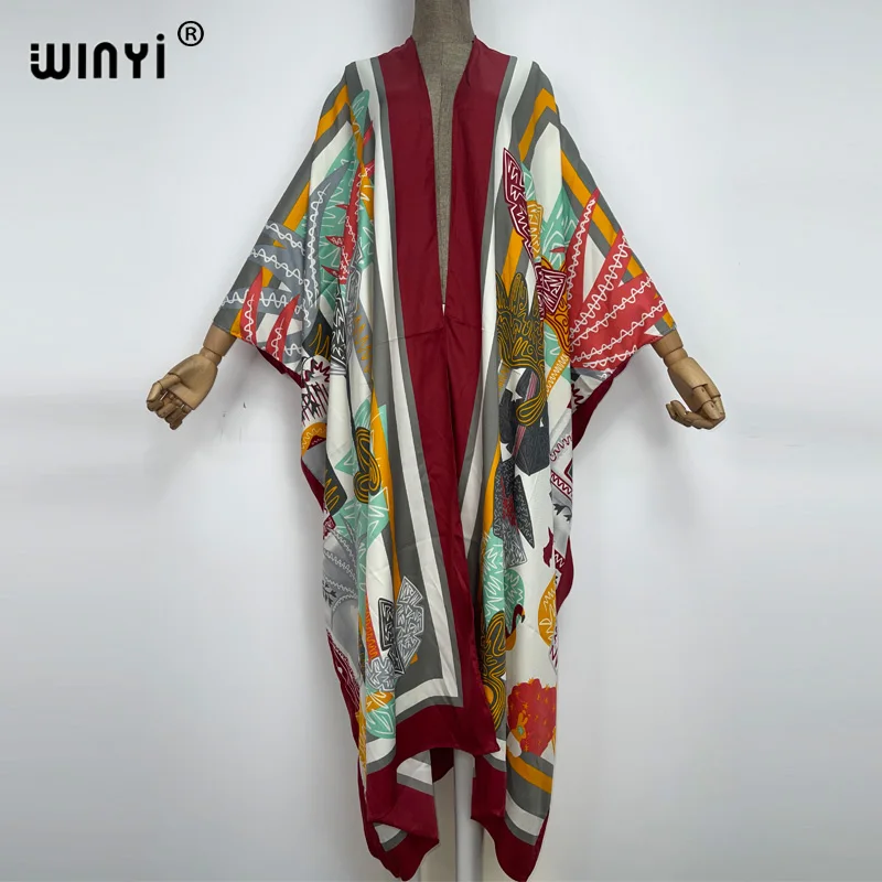 WINYI Sommer mode Strand Tragen Badeanzug Cover Up Dame Boho Strickjacke Retro druck elegante Seidige sexy Urlaub Kimono kaftan