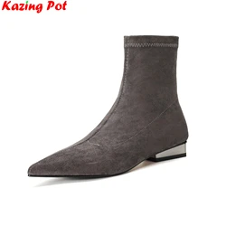 Krazing Pot Big Size Low Heels Modern Stretch Boots Square Toe Winter Shoes Chic Square Toe Brand Zip Elegant Women Ankle Boots