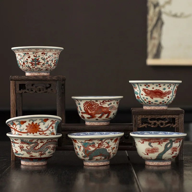 Antike rot-grüne Porzellan-Teetasse mit ineinandergreifendem Lotus-Design, handgefertigte Keramik-Gongfu-Probier-Tasse, Geschenk für Zuhause