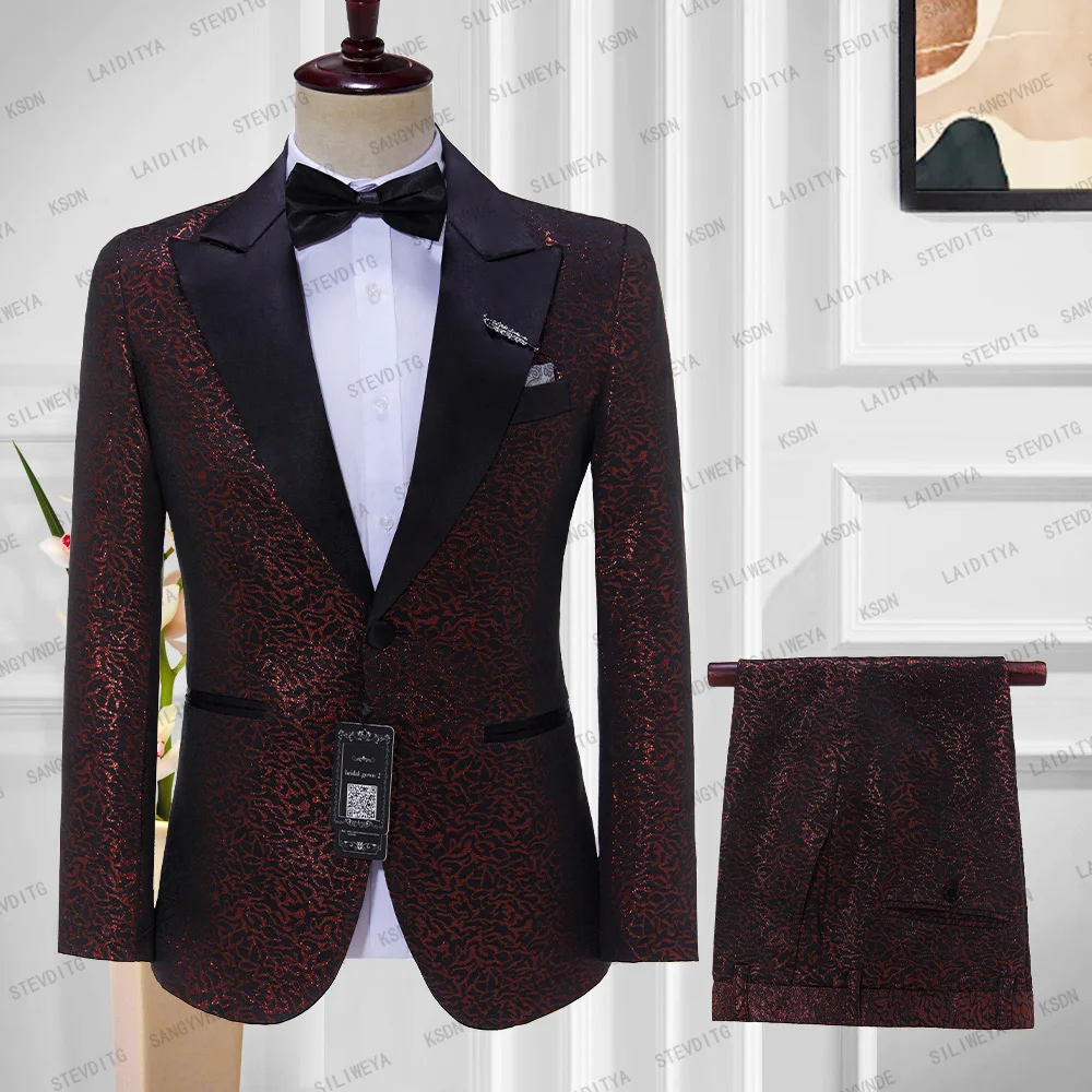 High Quality Men Wedding Tuxedos 2023 Black Satin Peak Lapel Men Blazer Trousers Red Jacquard Pattern Material Terno Masculino