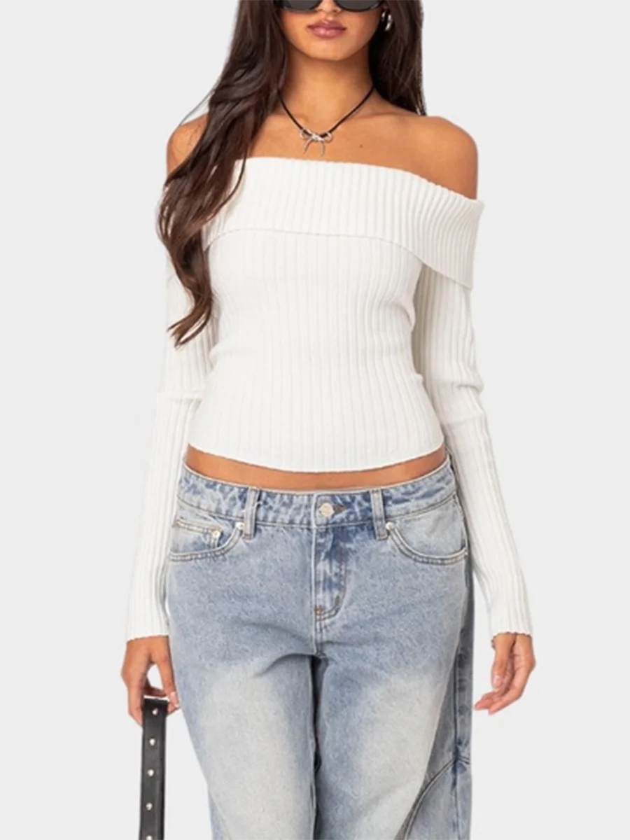 New Fashion Women Spring Autumn Knit Tops Solid Color Long Sleeve Off Shoulder Ribbed Knitwear Club Street Style S M L