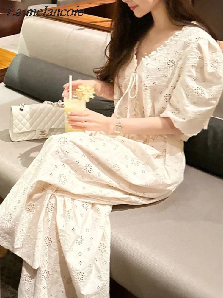 Hollow Lace Embroidery Skirt Set Woman 2024 Summer New Fashion V-neck Blouse+high Waist Pleated Korea Chic Elegant 2 Piece Sets