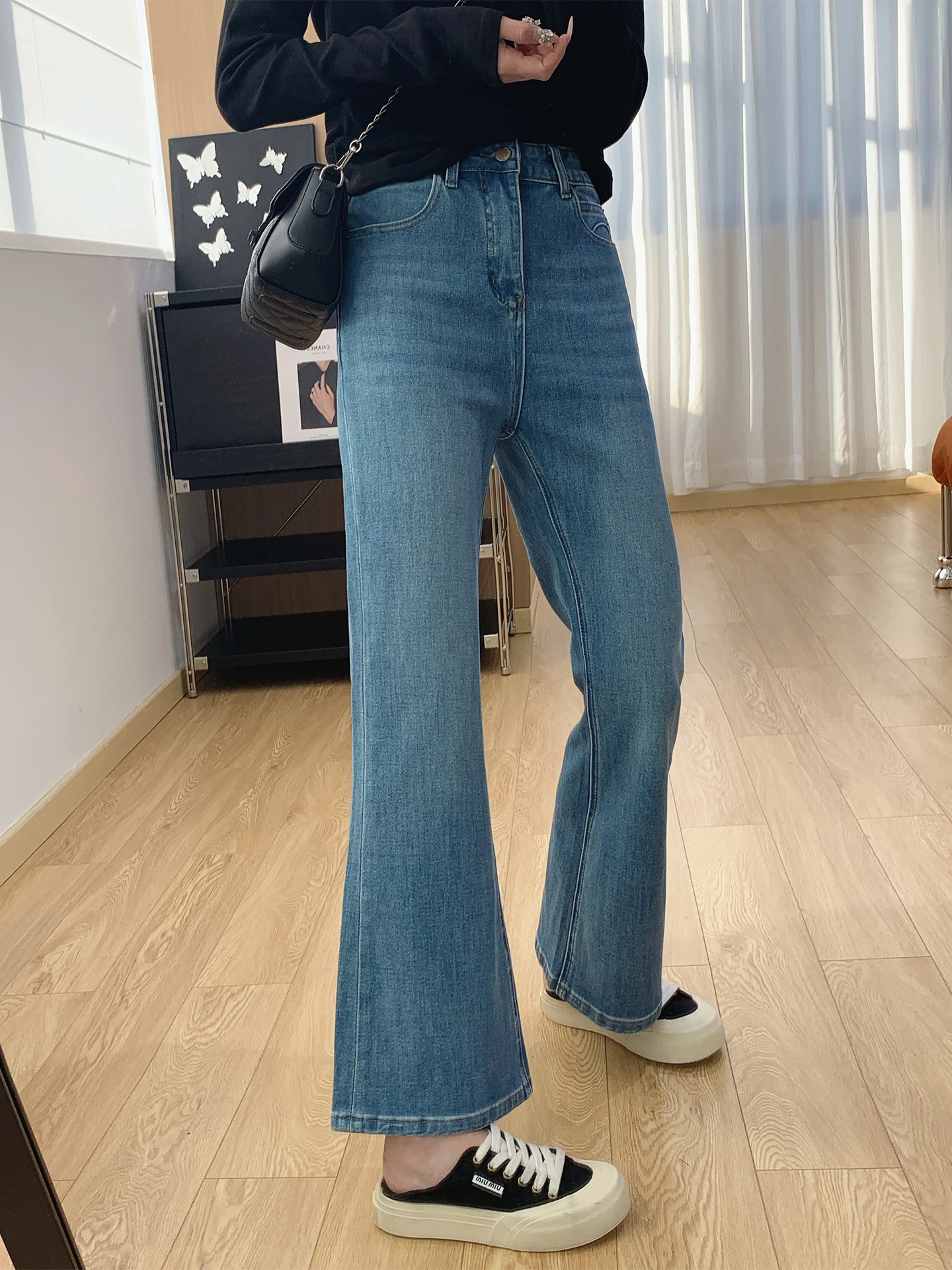 

High Waist Slim Fit Bell Bot Jeans Women's Spring New Sle Cotton Elastic Soft Fabric Four Directional Stretch Ladies Jeans