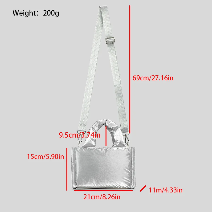Silver Nylon Tote Bag Down Padded Designer Purses and Handbags Winter Quilted Shoulder Crossbody Bags for Women Cotton Shopper