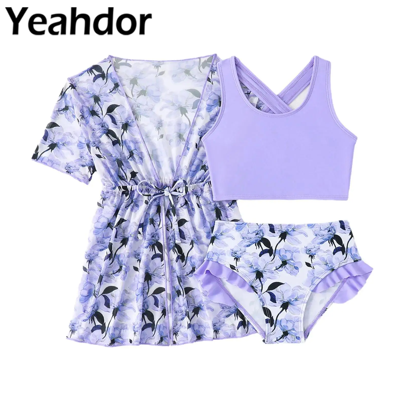 Set da bagno per bambina, costumi da bagno per le vacanze estive, cinghie, slip stampati e capispalla abbinati per le vacanze al mare