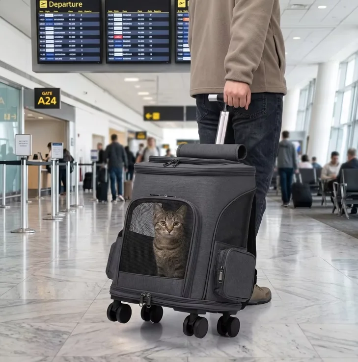 

Airline Approved Pet Trolley Case - Breathable Rolling Cat Carrier Backpack - Portable Pet Travel Luggage