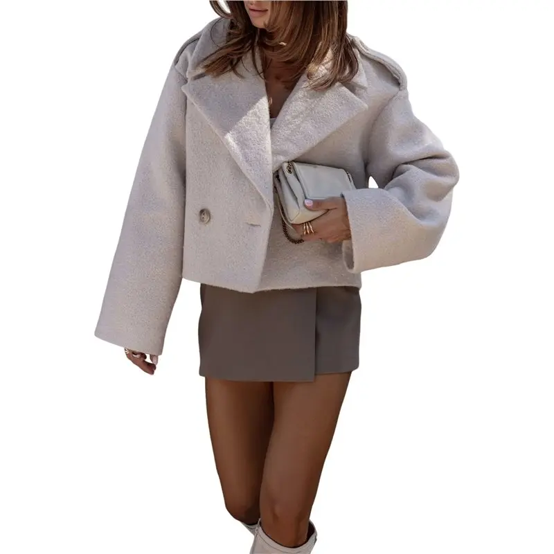 

AEA7-Women Crop Pea Coat Wool Blend Office Work Lapel Collar Short Winter Jacket Trench Coat