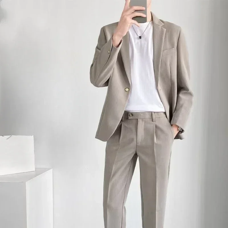 2 Piece Outfit Set Man Grey Blazer Casual Full Suit for Men Korean Spring Autumn Clothing Trends Costumes Luxury Pants Ceremony