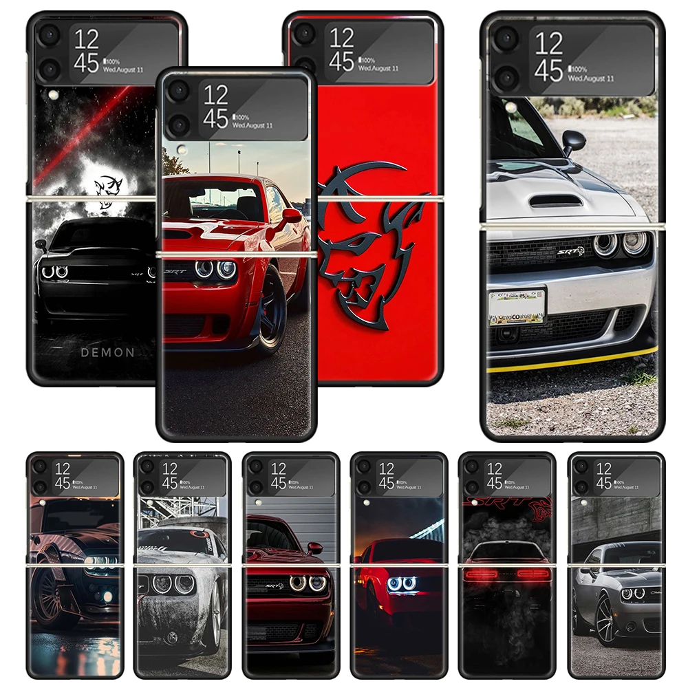 Challenger S-SRT Print Case For Samsung Galaxy Z Flip 3 4 5 5G Black Hard Cell Phone Shell ZFlip3 Flip4 Flip5 Pattern Cover